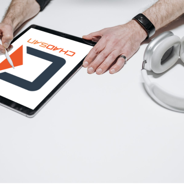 Chadsan logo on tablet with headphones